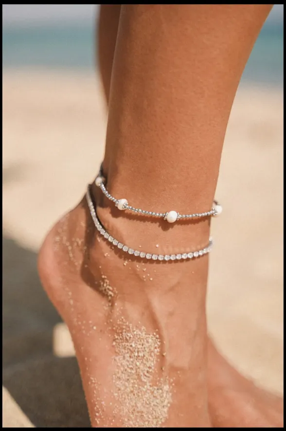 ALMYNOMA - Γυναικείο βραχιόλι για το πόδι Pearl Oasis Silver
